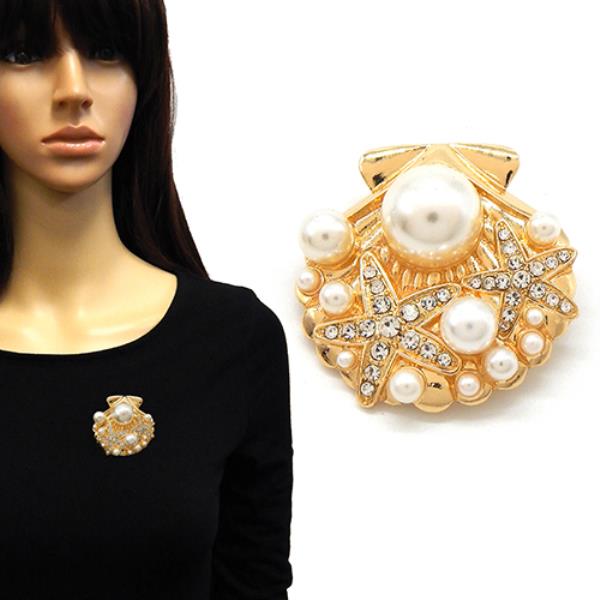 CLAM SHELL EARRING ADORNED WITH PEARLS AND CRYSTALS BROOCH