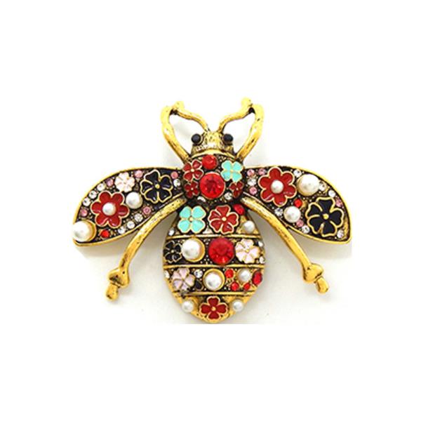 THE BROOCH IS SHAPED LIKE A HIGHLY DETAILED BEE WITH AN ORNATE, MULTICOLORED BODY AND WINGS