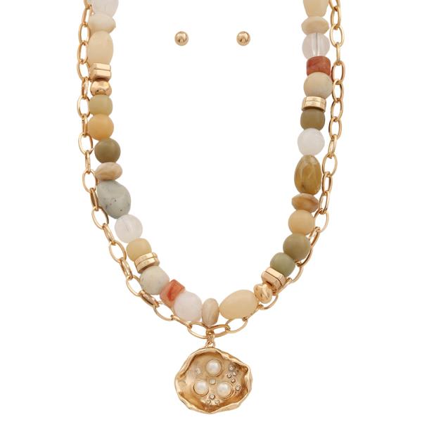 MIX STONE BEADS STATEMENT CHAIN LINK NECKLACE EARRING SET