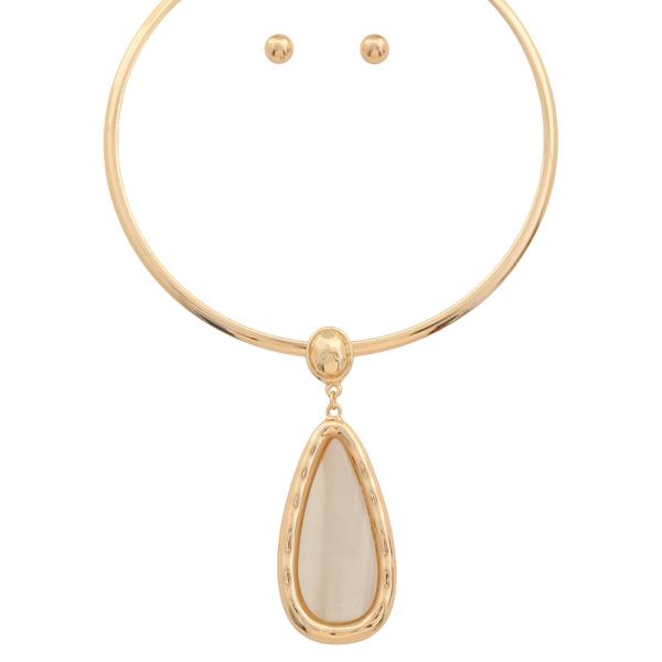 TEAR DROP SHAPE PENDANT METAL CHOKER NECKLACE EARRING SET