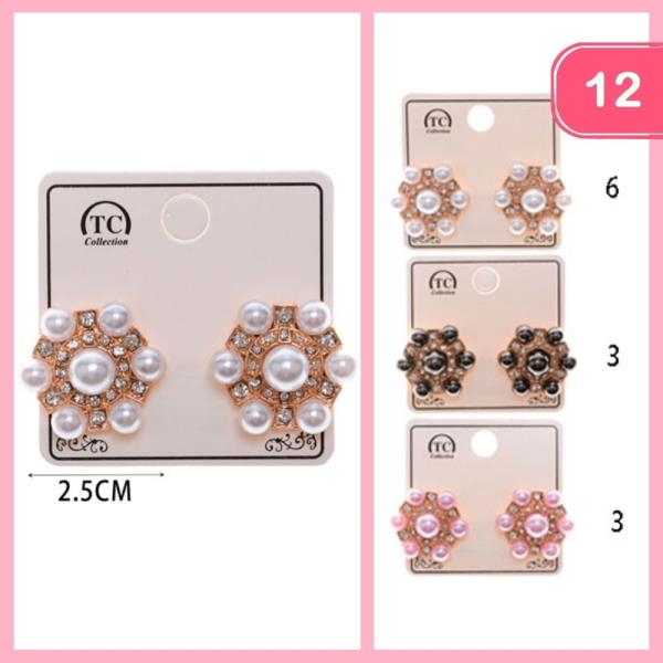 ROUND RHINESTONE PEARL POST EARRING (12 UNITS)