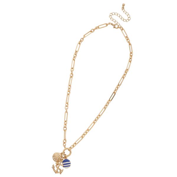 ANCHOR SHELL BLUE WHITE STRIPE CHAIN LINK NECKLACE