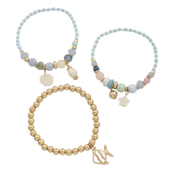 BEAD PEARL MIX SEA LIFE CHARM BRACELET SET