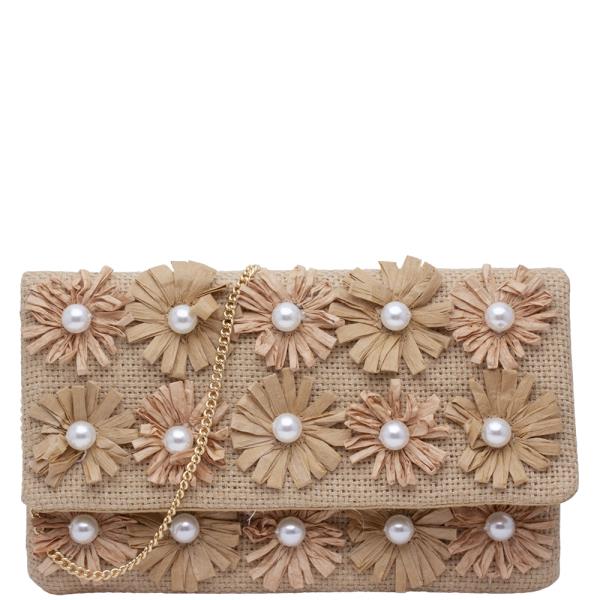 FLORAL PEARL DECORATED RAFFIA CLUTCH BAG