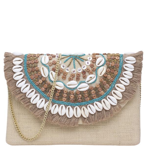 STYLISH EMBELLISHED BOHO SHELL BEAD DESIGN CLUTCH BAG