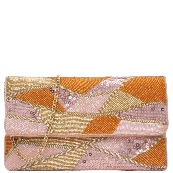 ABSTRACT WAVE DESIGN BEAD SEQUIN CLUTCH BAG