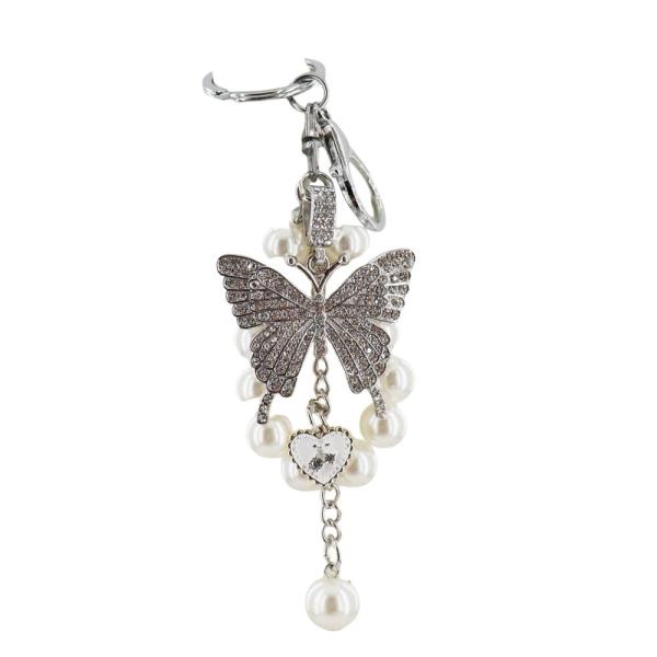 RHINESTONE BUTTERFLY PEARL BAG CHARM KEYCHAIN