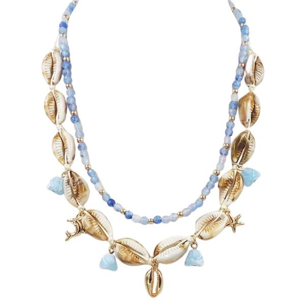 LAYERED SHELL CHARM COTTON BEADED NECKLACE