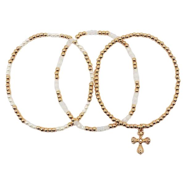 CROSS CHARM CCB & PEARL STRETCH BRACELET