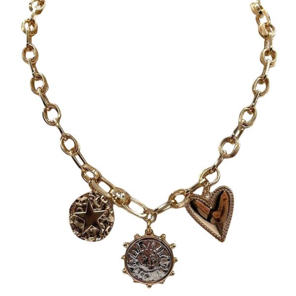 GOLD AND WORN SILVER COIN CHARM NECKLACE