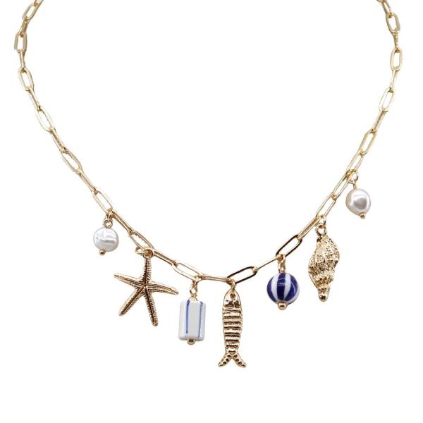 PAPERCLIP CHAIN NECKLACE W FISH BLUE STRIPE CERAMIC PEARL