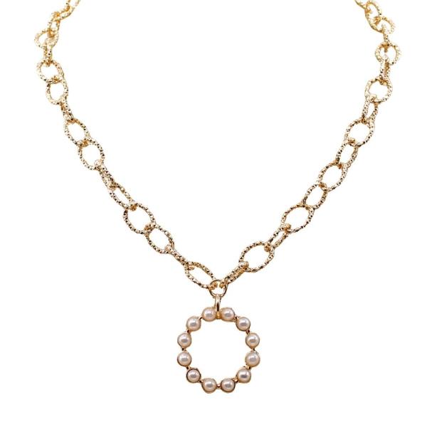 TEXTURED CIRCLE CHAIN PEARL ROUND PENDANT NECKALCE
