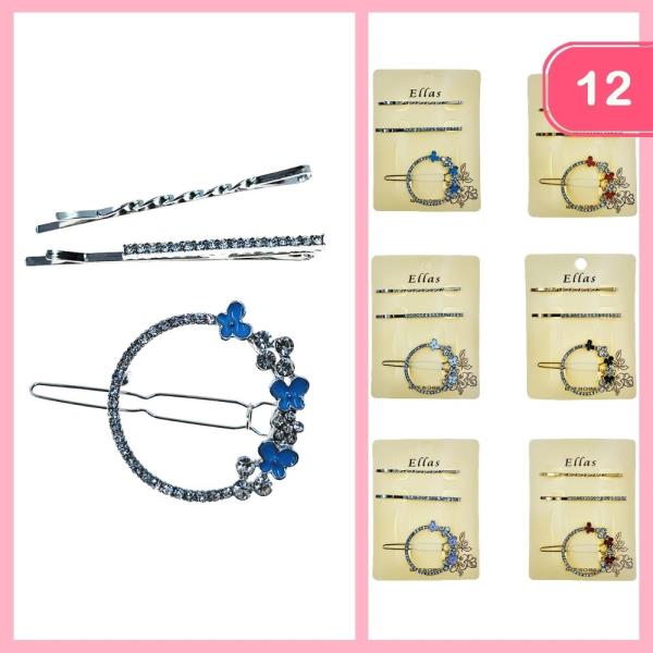 RHINESTONE FLOWER HAIR CLIP W/BOBBY PIN SET (12 UNITS)