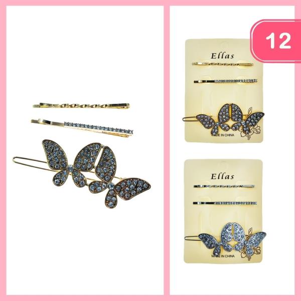 RHINESTONE BUTTERFLY HAIR PIN WITH BOBBY PIN SET (12 UNITS)