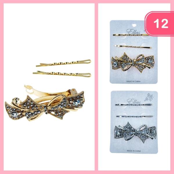RHINESTONE BARRETTE BOW CLIP BOBBY PIN SET (12 UNITS)