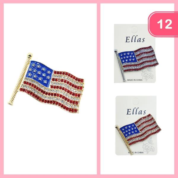 RHINESTONE AMERICAN FLAG BROOCH (12 UNITS)