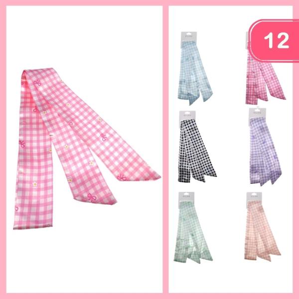 SILK LIKE MULTI USE HAIR SCARF FLOWER BOW CHECKERED PATTERN  (12 UNITS)