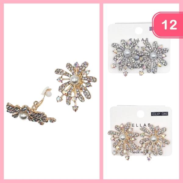 RHINESTONE PEARL FLOWER CLIP ON EARRINGS (12 UNITS)