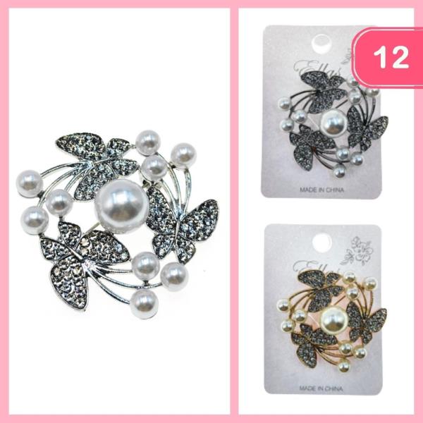 RHINESTONE BUTTERFLY PEARL BROOCH (12 UNITS)
