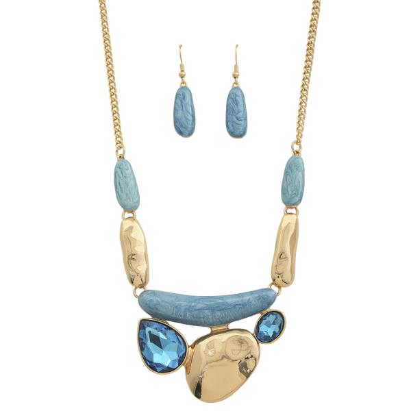 MIX SHAPED CRYSTAL METAL CHAIN NECKLACE EARRING SET