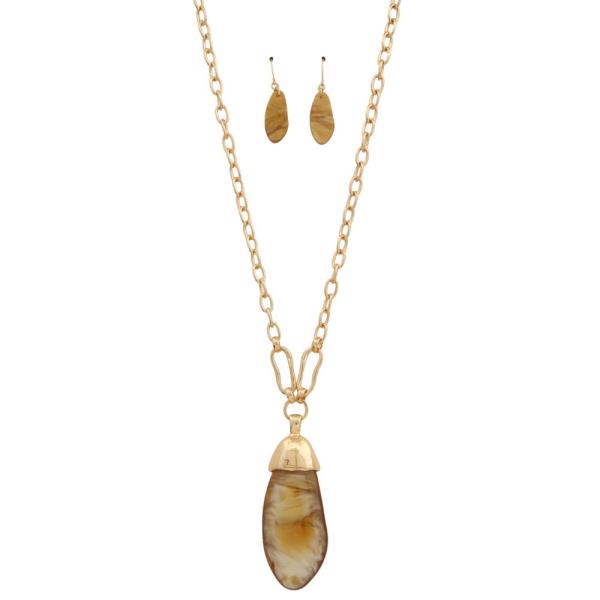 STONE RESIN PENDANT LONG NECKLACE EARRING SET