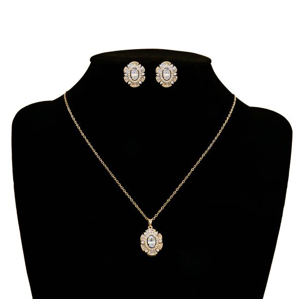 CZ OVAL FLOWER NECKLACE EARRING SET