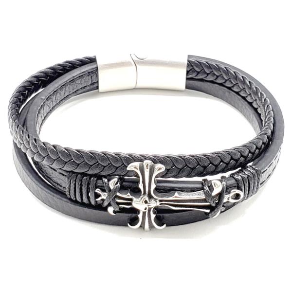 STAINLESS STEEL CROSS PENDANT LEATHER BRACELET
