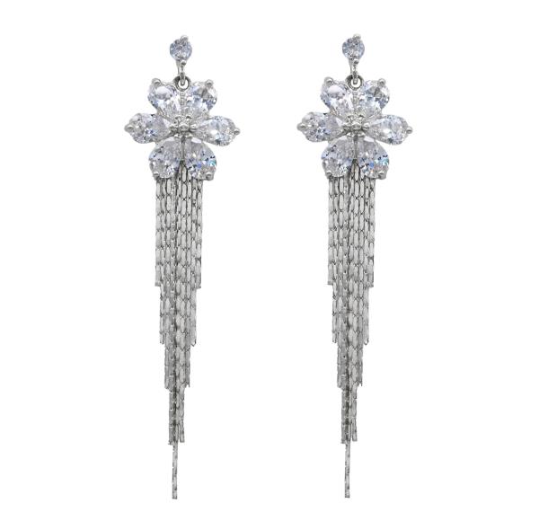 CZ FLOWER TASSEL DROP EARRING