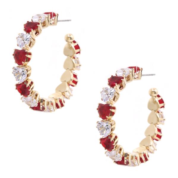 TWO TONE CZ HEART METAL OPEN HOOP EARRING