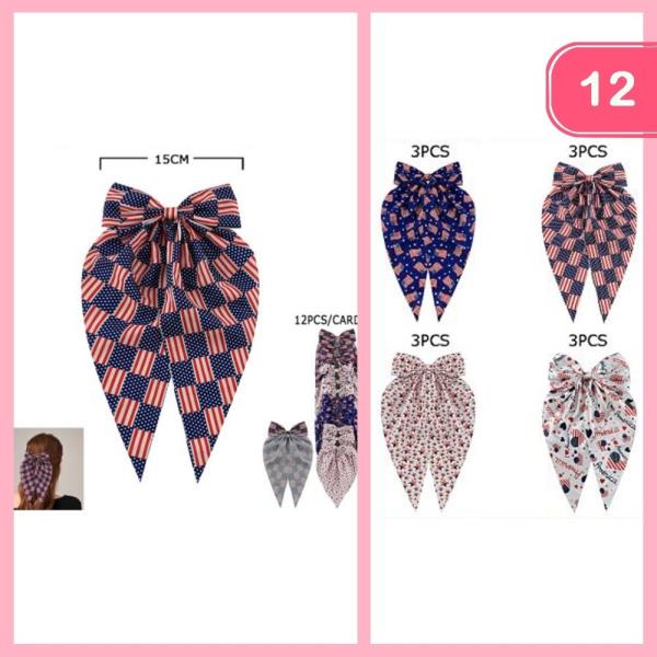 FOURTH OF JULY PRINT LONG TAIL HAIR BOW (12 UNITS)