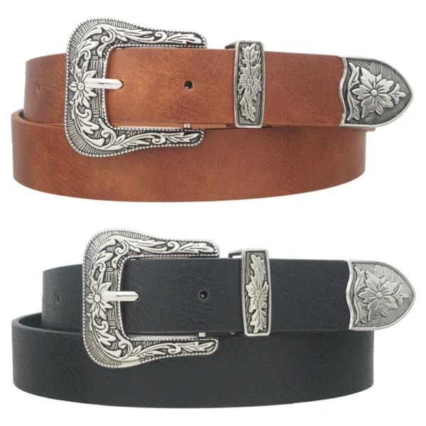 FLORAL EMBOSSED 3PC WASHED PU WESTERN DUO BELT