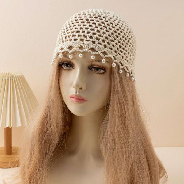 CROCHET OPEN KNIT BEADED EDGE BONNET