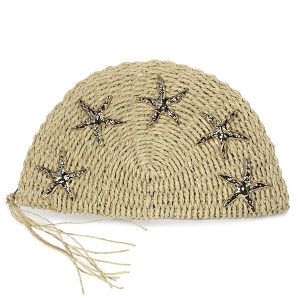 WOVEN STRAW METAL STARFISH TASSEL CLUTCH BAG