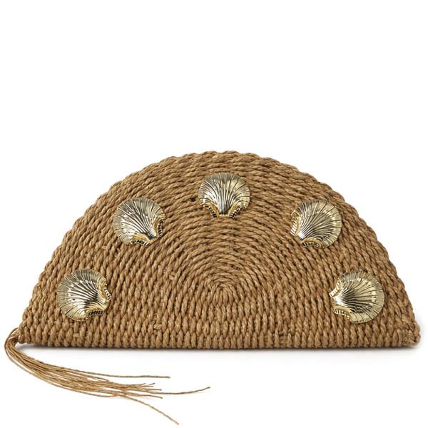 WOVEN STRAW METAL SHELL TASSEL CLUTCH BAG
