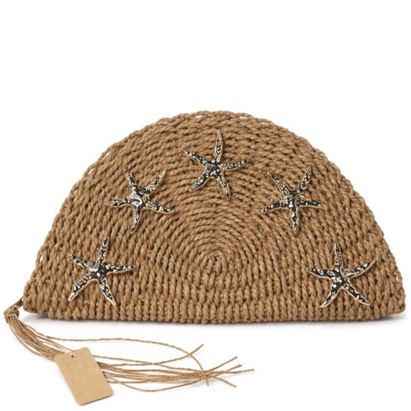 WOVEN STRAW STARFISH TASSEL HALF MOON CLUTCH BAG