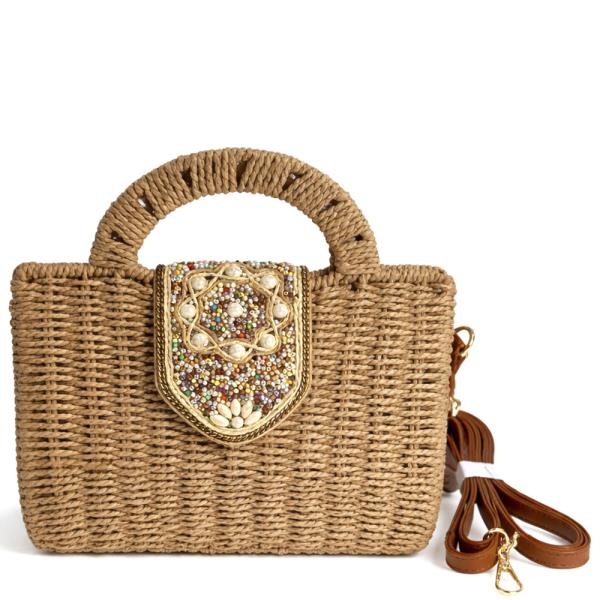 WOVEN STRAW DECORATED DESIGN HANDLE TOTE BAG W STRAP