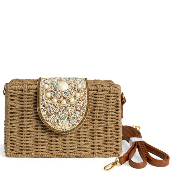 WOVEN STRAW DECORATED STYLE CROSSBODY BAG