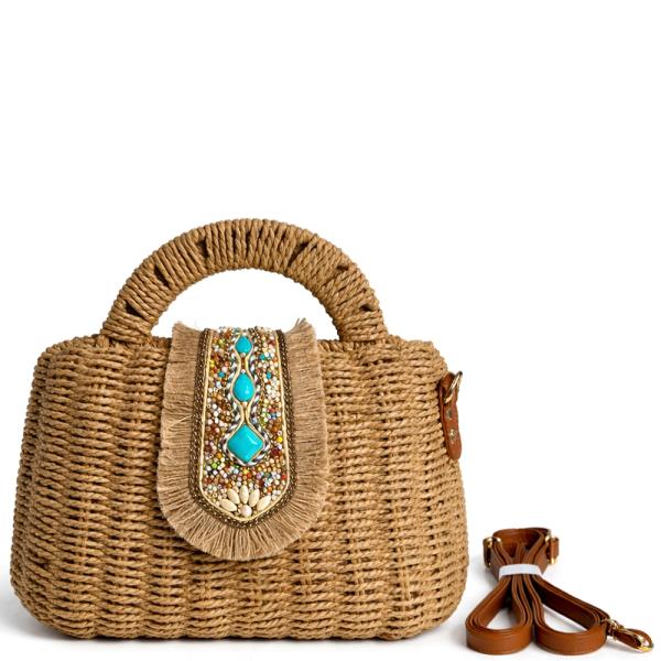 WOVEN STRAW BOHEMIAN DECORATED STYLE HANDLE CROSSBODY BAG