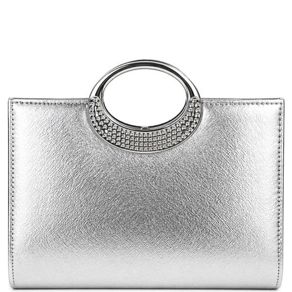 TEXTURED OVAL RHINESTONE HANDLE EVENING CLUTCH BAG