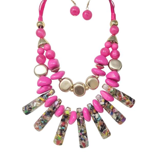 STONE BEAD BAR FRINGE STATEMENT NECKLACE EARRING SET