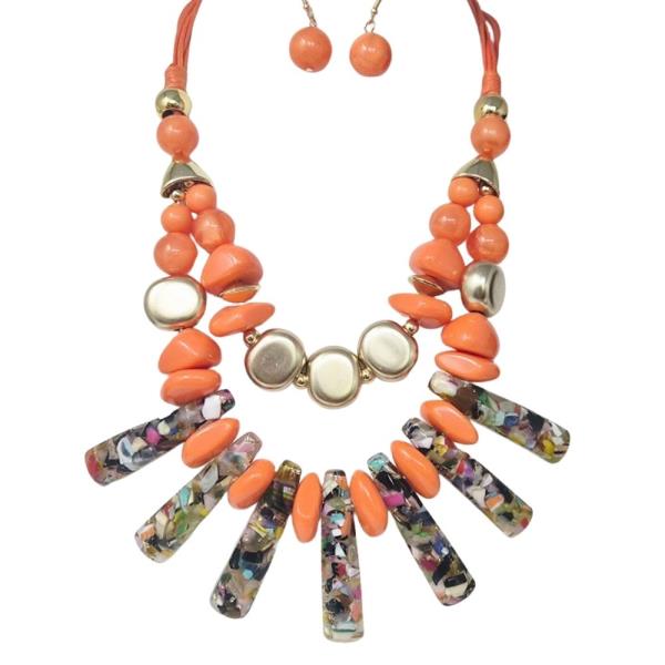 STONE BEAD BAR FRINGE STATEMENT NECKLACE EARRING SET