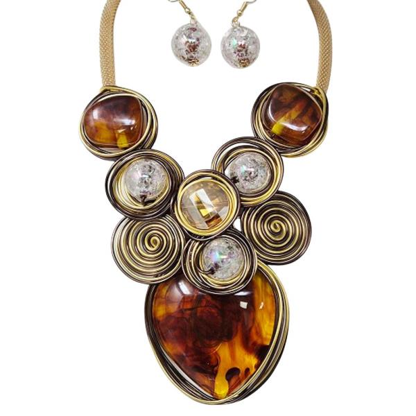 METAL RESIN MULTI DISC STATEMENT NECKLACE EARRING SET