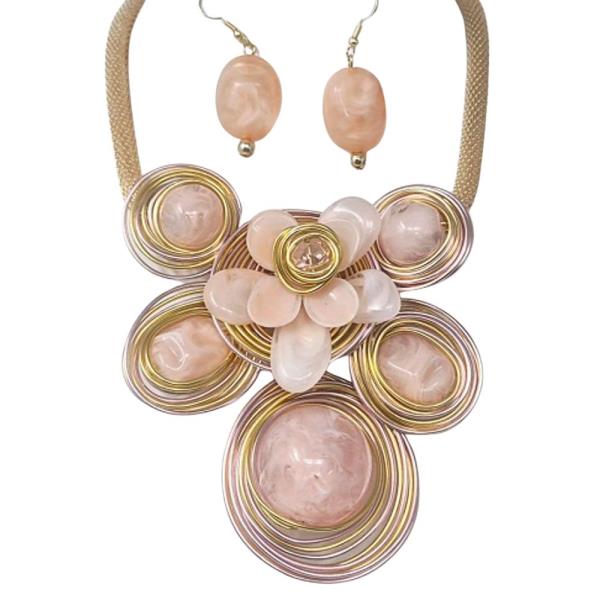 METAL RESIN FLOWER STATEMENT NECKLACE EARRING SET