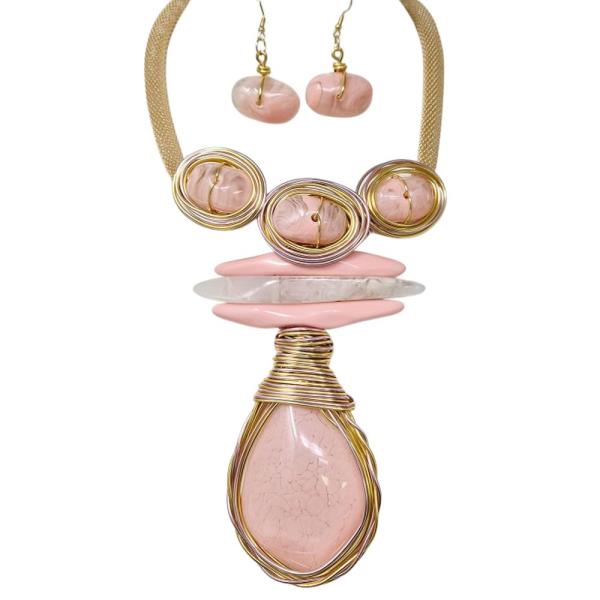 RESIN STONE GEOMETRIC DROP STATEMENT NECKLACE EARRING SET