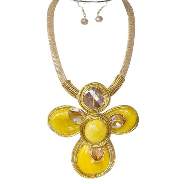 METAL RESIN FLOWER STATEMENT NECKLACE EARRING SET