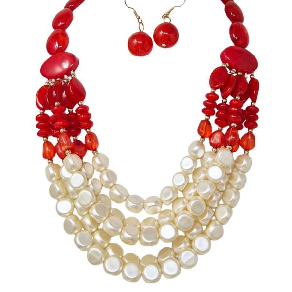 PEARL MULTI STRAND BEAD CLUSTER LAYERED NECKLACE EARRING SET