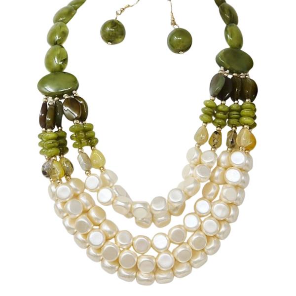 PEARL MULTI STRAND BEAD CLUSTER LAYERED NECKLACE EARRING SET