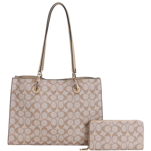 2IN1 OVAL PATTERN PRINT SHOULDER TOTE BAG W WALLET SET