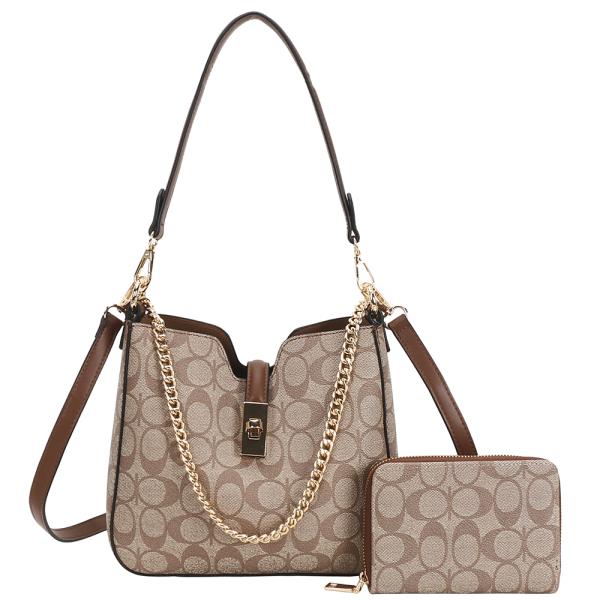 2IN1 OVAL PATTERN PRINT SHOULDER TOTE BAG W WALLET SET