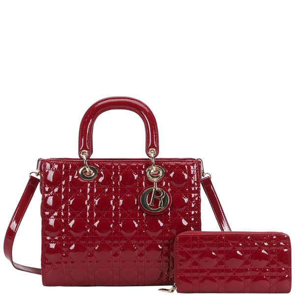 2IN1 QUILTED GLOSSY DESIGN SATCHEL BAG W WALLET SET